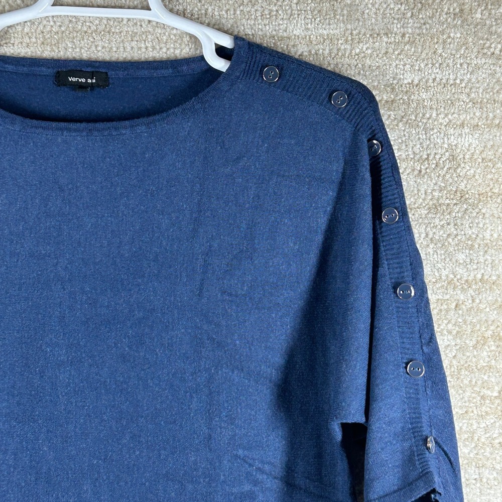 Verve Ami Knit Top Minimalist Button Shoulder Blue Dolman Sleeve Womens Medium